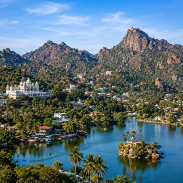 Mount Abu hill station with Nakki Lake, Aravalli hills, green forests and clear morning daylight in Rajasthan.