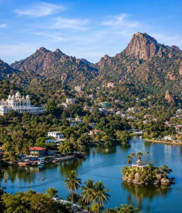 Mount Abu hill station with Nakki Lake, Aravalli hills, green forests and clear morning daylight in Rajasthan.