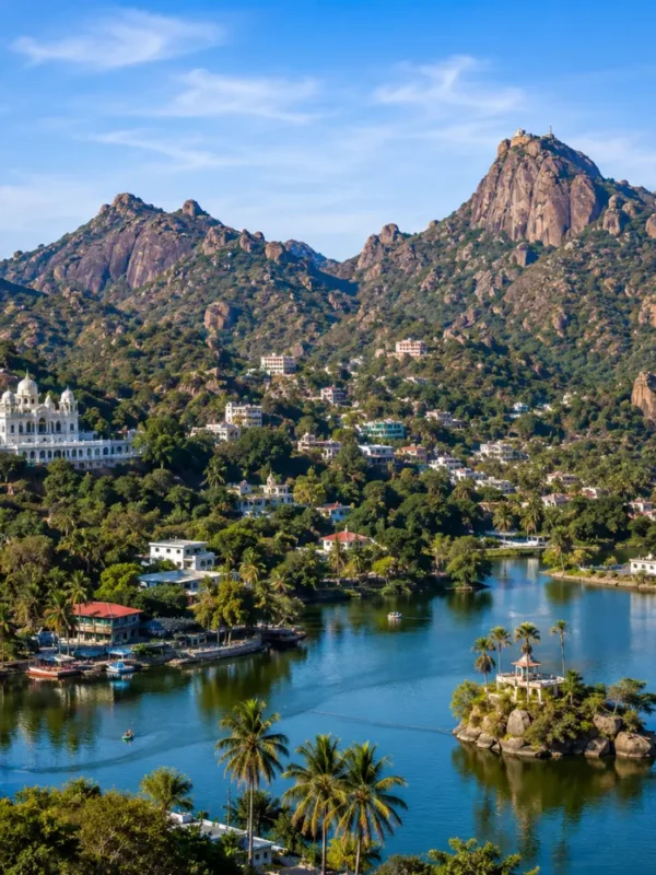 Mount Abu hill station with Nakki Lake, Aravalli hills, green forests and clear morning daylight in Rajasthan.