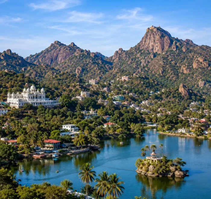 Mount Abu hill station with Nakki Lake, Aravalli hills, green forests and clear morning daylight in Rajasthan.