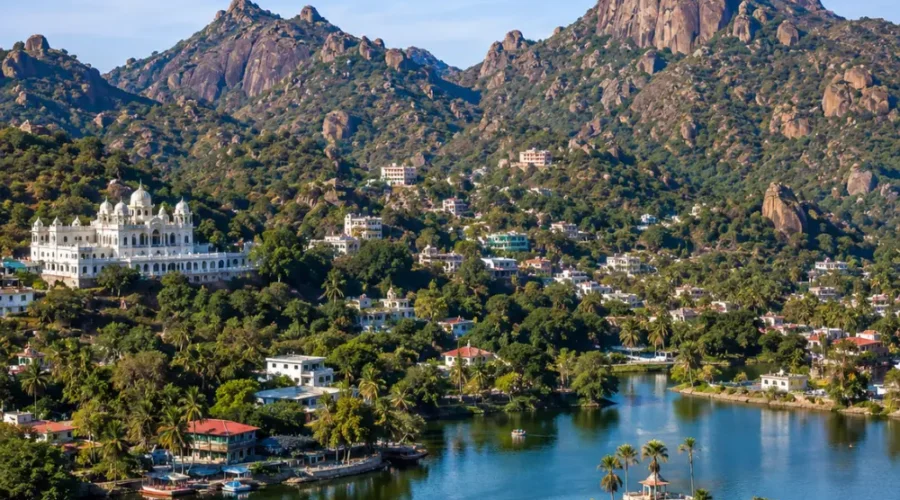 Mount Abu hill station with Nakki Lake, Aravalli hills, green forests and clear morning daylight in Rajasthan.