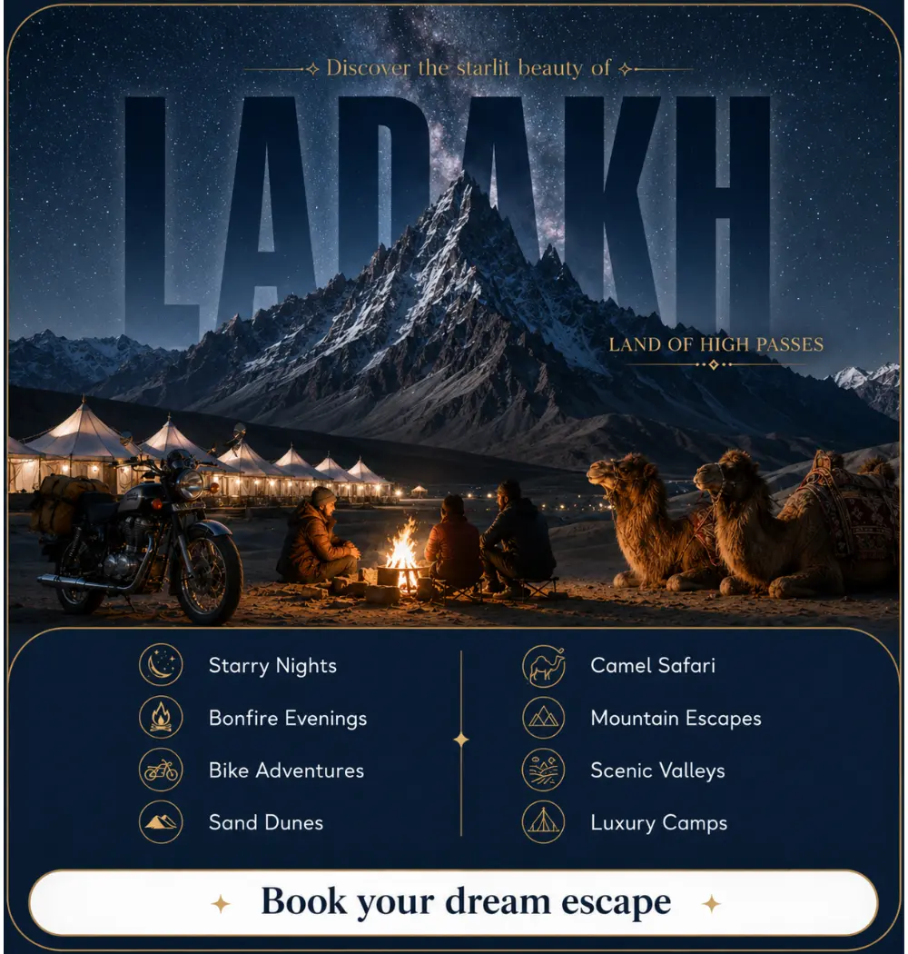 Ladakh tour featuring snow-capped mountains, luxury camps, motorcycle adventure, camel safari and starry night experiences 