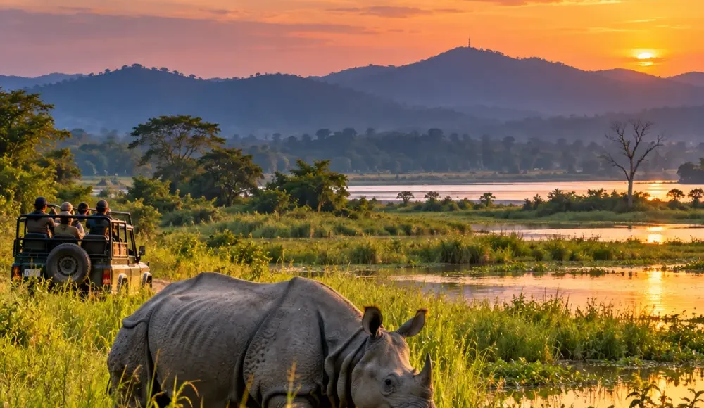 One-horned rhinoceros in Kaziranga National Park, Assam, with a wildlife safari jeep and scenic sunset landscape
