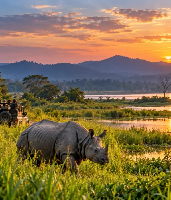 One-horned rhinoceros in Kaziranga National Park, Assam, with a wildlife safari jeep and scenic sunset landscape