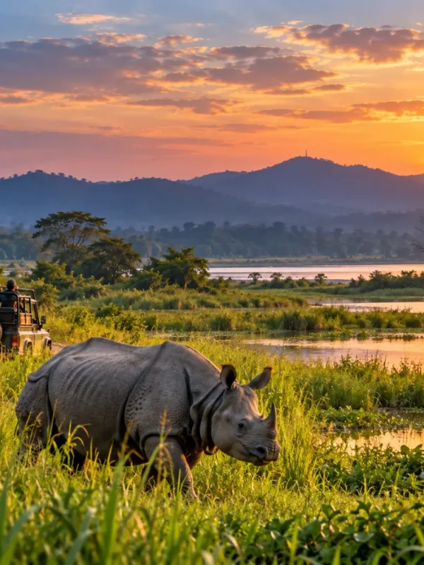 One-horned rhinoceros in Kaziranga National Park, Assam, with a wildlife safari jeep and scenic sunset landscape