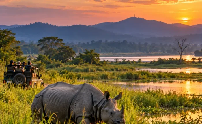 One-horned rhinoceros in Kaziranga National Park, Assam, with a wildlife safari jeep and scenic sunset landscape
