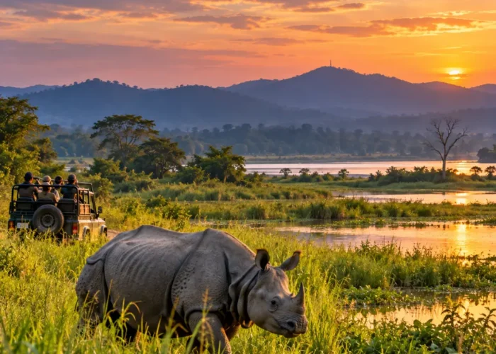 One-horned rhinoceros in Kaziranga National Park, Assam, with a wildlife safari jeep and scenic sunset landscape