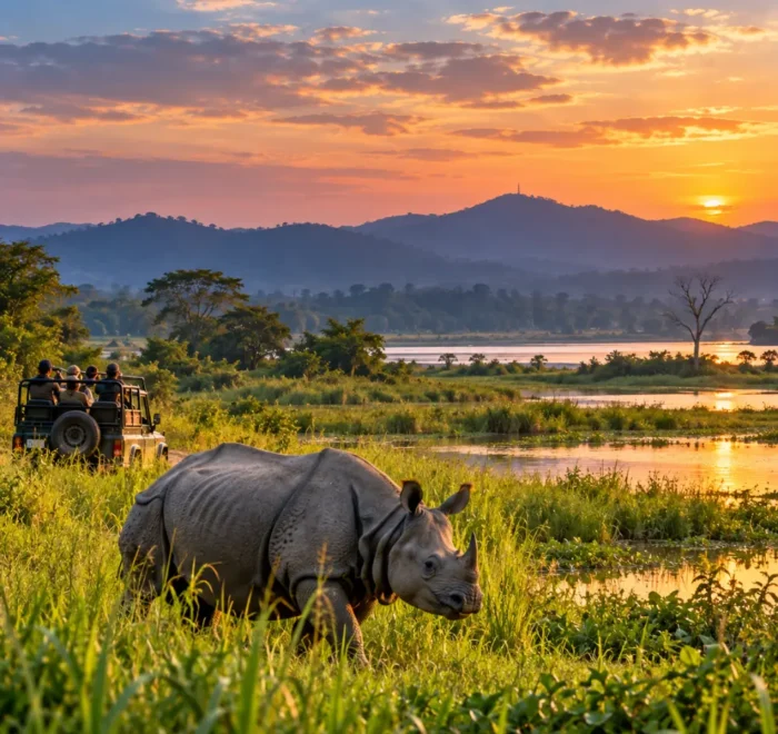 One-horned rhinoceros in Kaziranga National Park, Assam, with a wildlife safari jeep and scenic sunset landscape