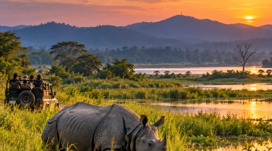 One-horned rhinoceros in Kaziranga National Park, Assam, with a wildlife safari jeep and scenic sunset landscape