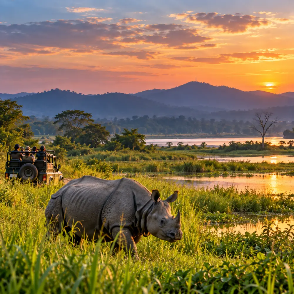 One-horned rhinoceros in Kaziranga National Park, Assam, with a wildlife safari jeep and scenic sunset landscape