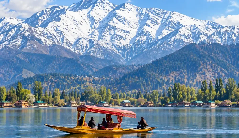 Shikara boat on Dal Lake in Srinagar, Kashmir, with snow-capped Himalayan mountains and scenic waterfront views