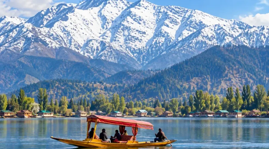 Shikara boat on Dal Lake in Srinagar, Kashmir, with snow-capped Himalayan mountains and scenic waterfront views