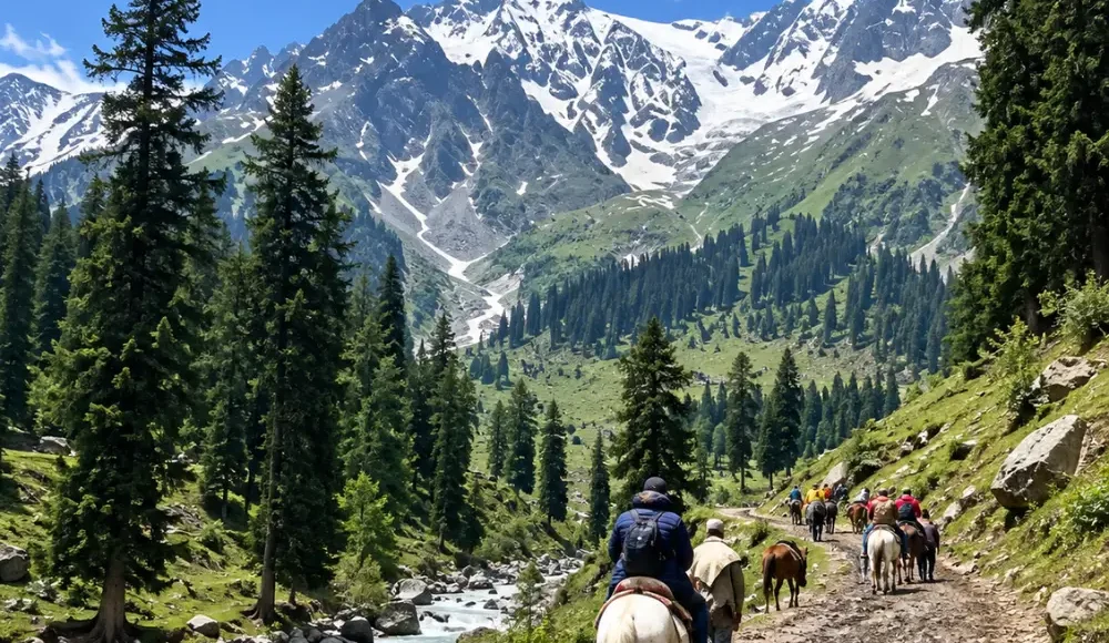 Horse riding in Pahalgam, Kashmir, along a scenic mountain trail surrounded by pine forests, flowing river and snow-capped Himalayan peaks