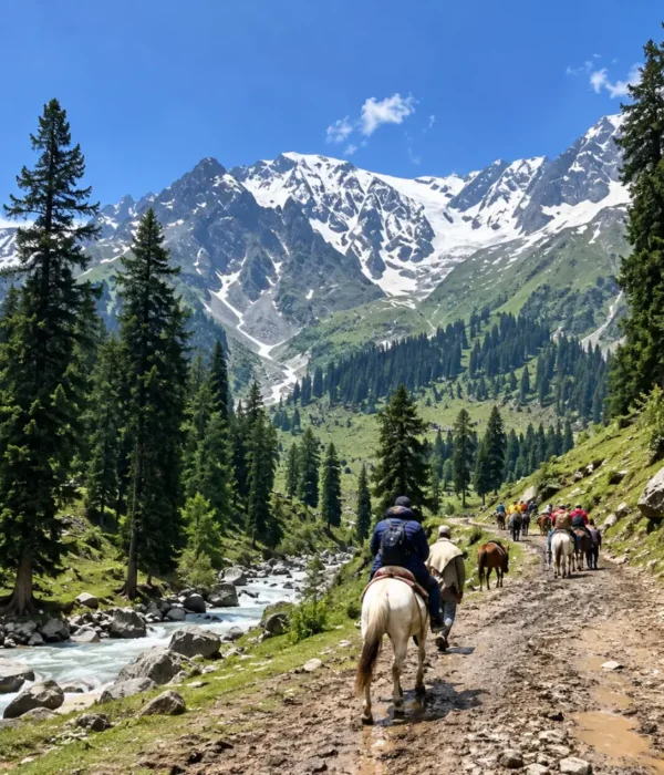 Horse riding in Pahalgam, Kashmir, along a scenic mountain trail surrounded by pine forests, flowing river and snow-capped Himalayan peaks