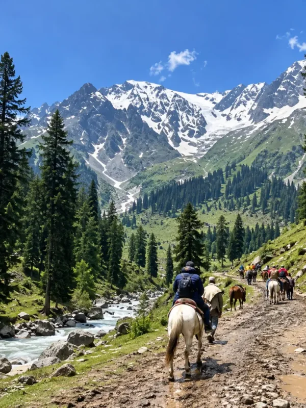 Horse riding in Pahalgam, Kashmir, along a scenic mountain trail surrounded by pine forests, flowing river and snow-capped Himalayan peaks