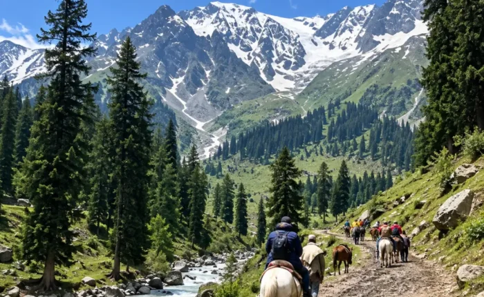 Horse riding in Pahalgam, Kashmir, along a scenic mountain trail surrounded by pine forests, flowing river and snow-capped Himalayan peaks