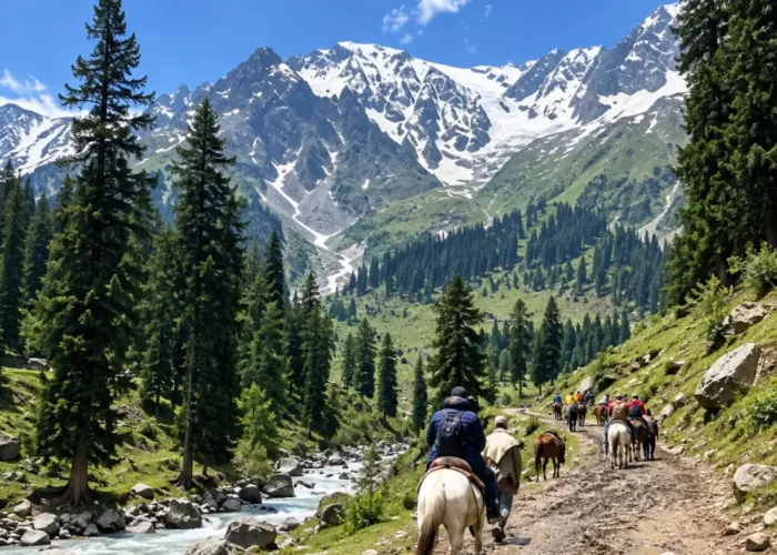 Horse riding in Pahalgam, Kashmir, along a scenic mountain trail surrounded by pine forests, flowing river and snow-capped Himalayan peaks