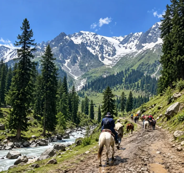 Horse riding in Pahalgam, Kashmir, along a scenic mountain trail surrounded by pine forests, flowing river and snow-capped Himalayan peaks