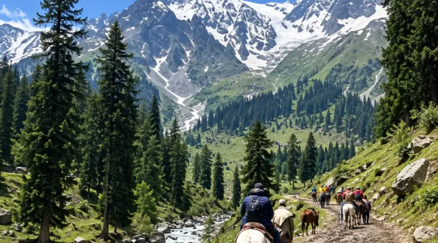 Horse riding in Pahalgam, Kashmir, along a scenic mountain trail surrounded by pine forests, flowing river and snow-capped Himalayan peaks