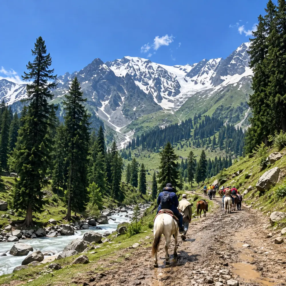 Horse riding in Pahalgam, Kashmir, along a scenic mountain trail surrounded by pine forests, flowing river and snow-capped Himalayan peaks
