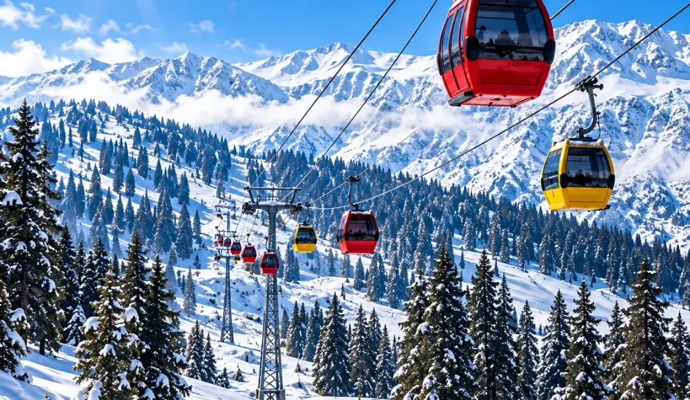 Gulmarg Gondola cable cars travelling above snow-covered pine forests and Himalayan mountains in Gulmarg, Kashmir