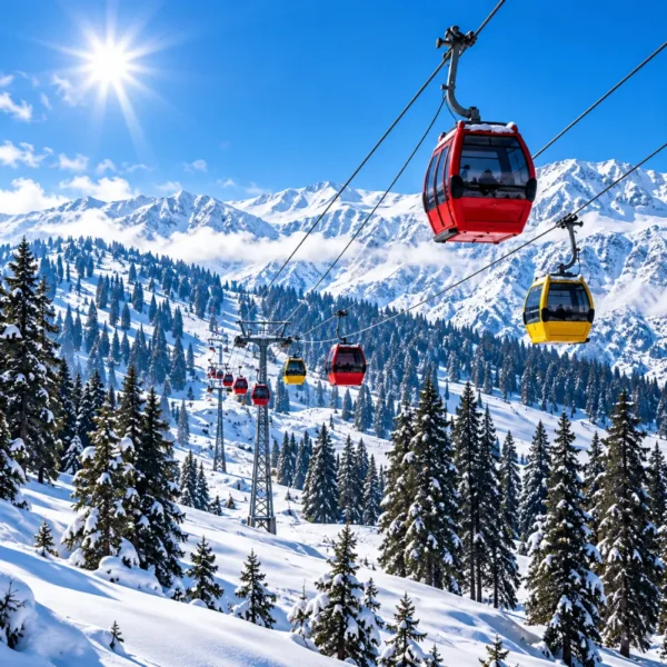 Gulmarg Gondola cable cars travelling above snow-covered pine forests and Himalayan mountains in Gulmarg, Kashmir