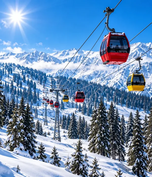 Gulmarg Gondola cable cars travelling above snow-covered pine forests and Himalayan mountains in Gulmarg, Kashmir