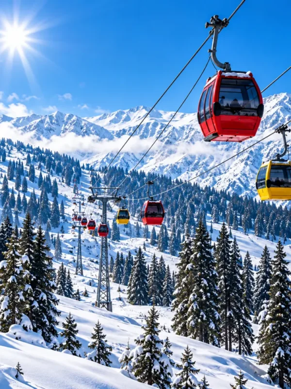 Gulmarg Gondola cable cars travelling above snow-covered pine forests and Himalayan mountains in Gulmarg, Kashmir