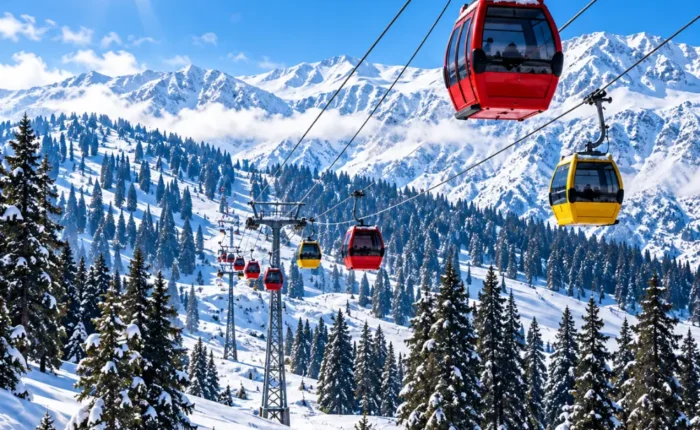 Gulmarg Gondola cable cars travelling above snow-covered pine forests and Himalayan mountains in Gulmarg, Kashmir