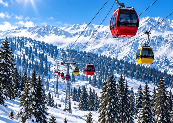 Gulmarg Gondola cable cars travelling above snow-covered pine forests and Himalayan mountains in Gulmarg, Kashmir