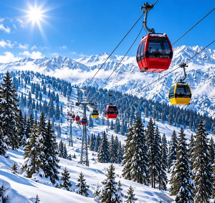 Gulmarg Gondola cable cars travelling above snow-covered pine forests and Himalayan mountains in Gulmarg, Kashmir
