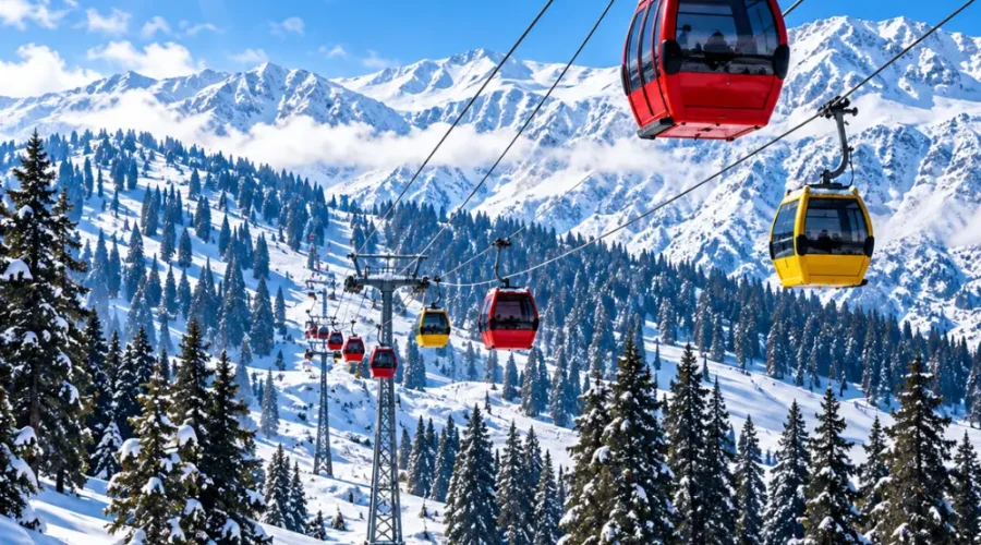 Gulmarg Gondola cable cars travelling above snow-covered pine forests and Himalayan mountains in Gulmarg, Kashmir